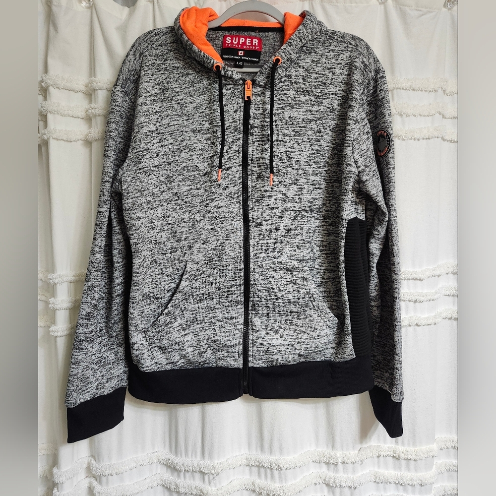 Super Triple Goose Heathered Gray and Black Hoodie with Orange Accents.